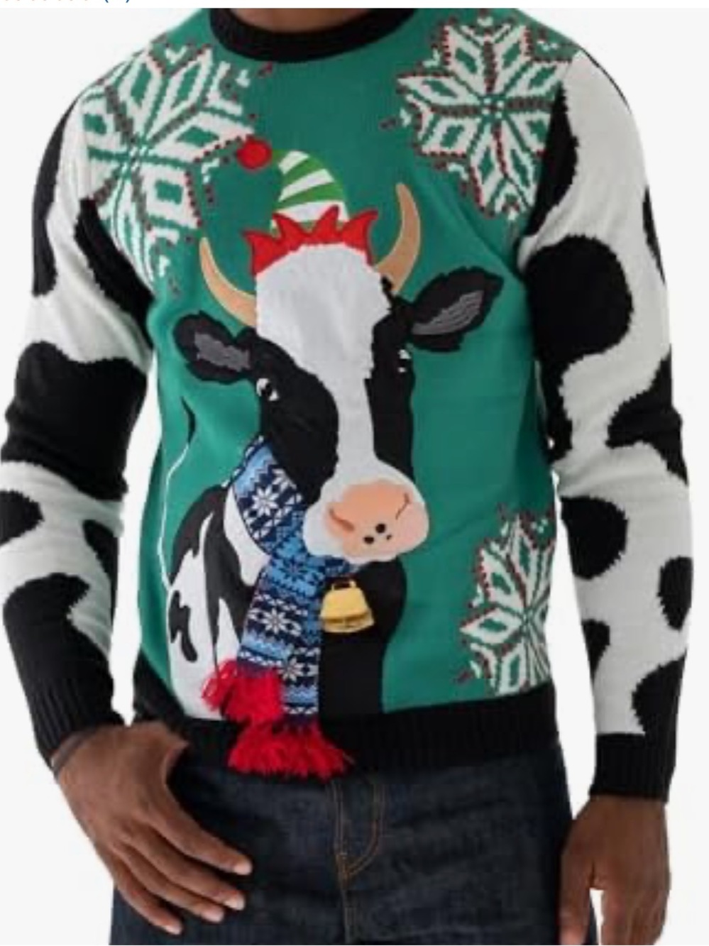 Blizzard Bay Ugly Cow Christmas Sweater Size M Cow Bell Scarf Snowflakes Green
